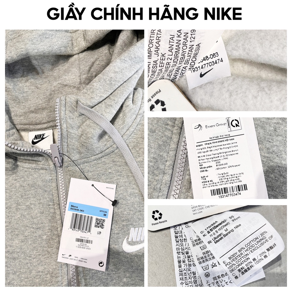 Áo hoodie nam Nike có khóa kéo BV2646-063 Áo nỉ mỏng có mũ Hàng thời trang chính hãng