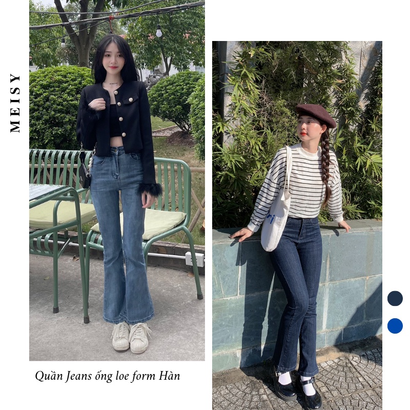 Quần Jeans co giãn xanh chàm loe nhẹ phong cách basic Hàn Quốc