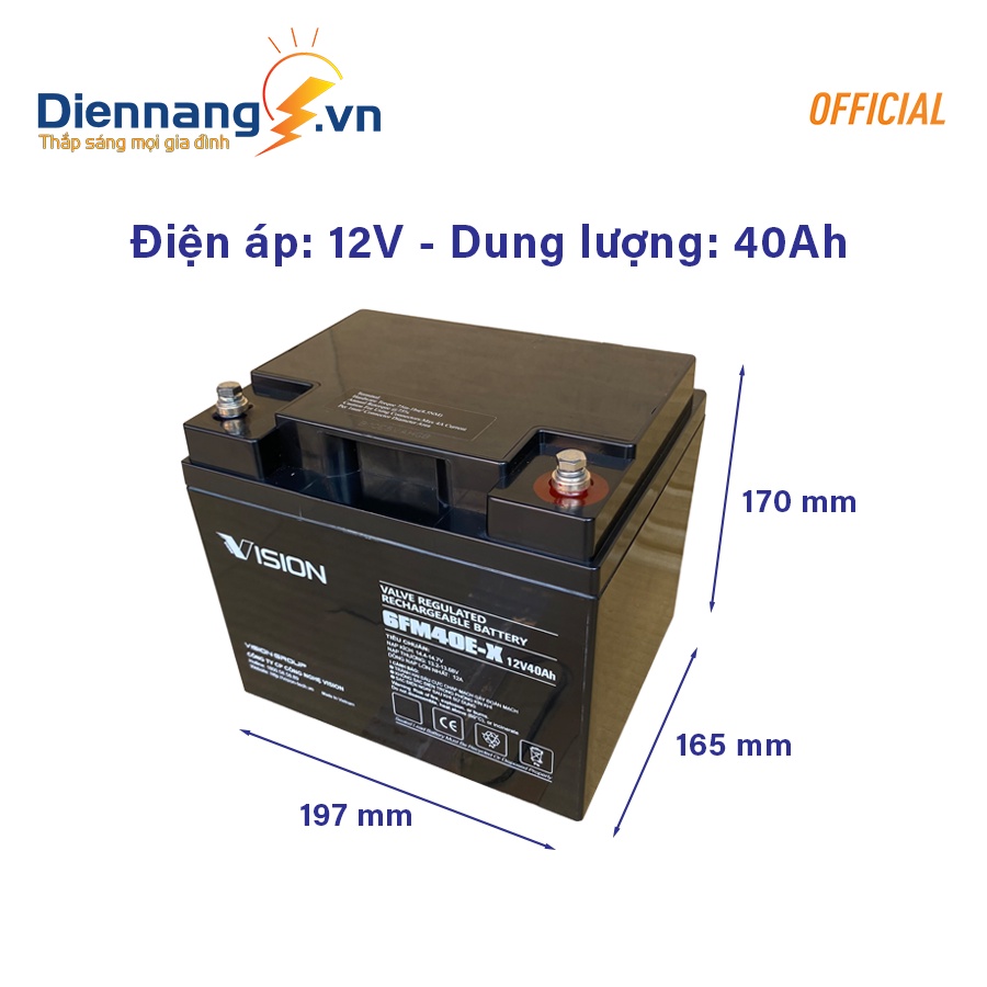 Ắc quy Vision 6FM40E-X, bình ắc quy 12V - 40Ah cho UPS, Inverter, xe đạp điện v.v..