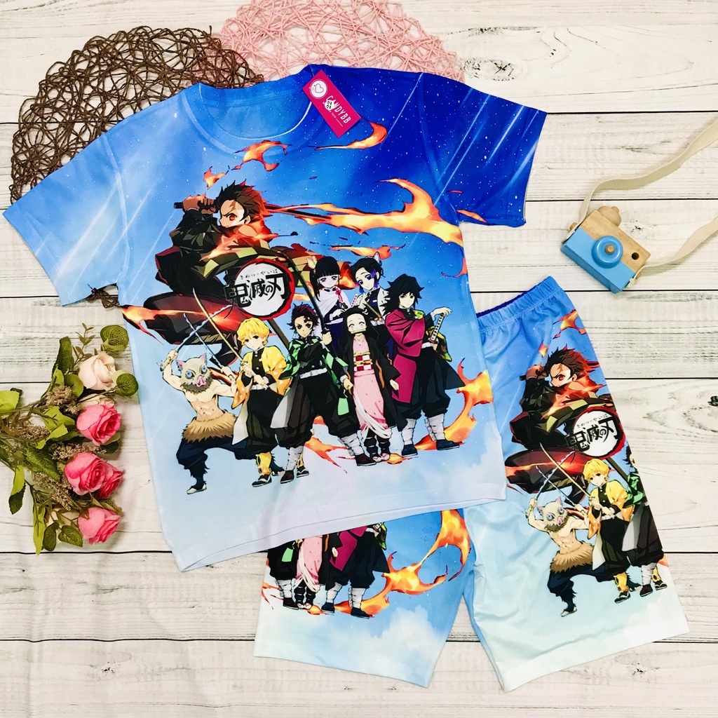 Đồ bộ bé trai, bộ thun lạnh cộc tay in hình Thanh gươm diệt quỷ Kimetsu No Yaiba từ 10kg - 60kg