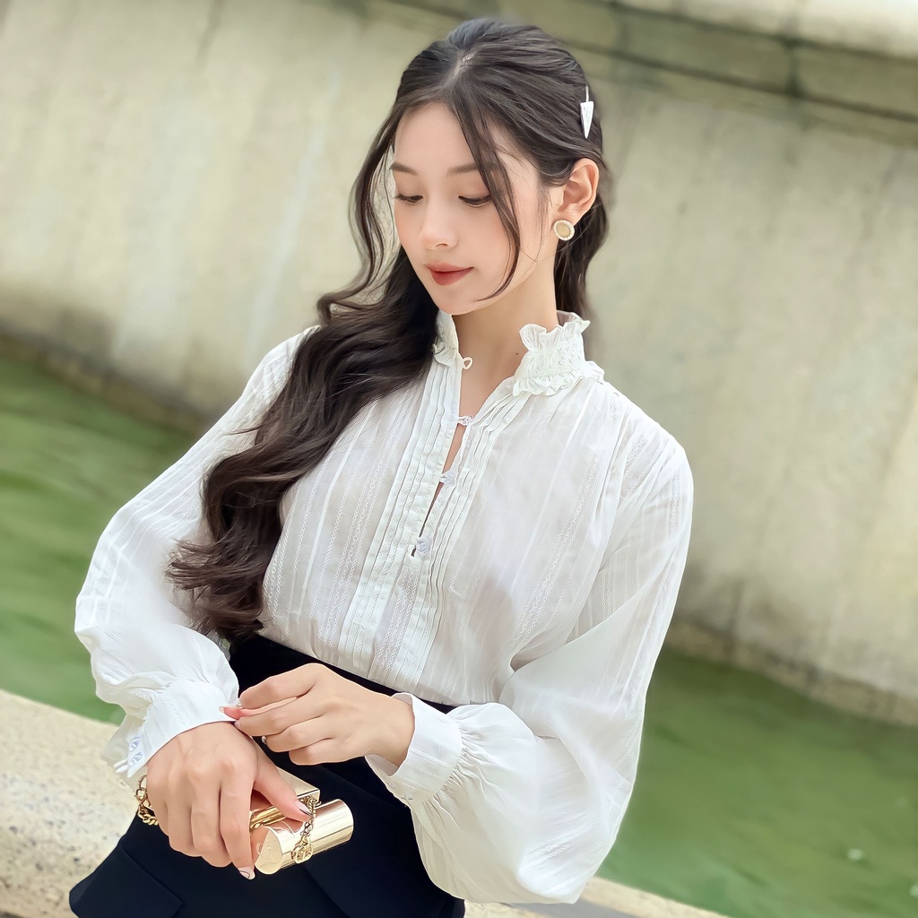 Áo sơ mi nữ, Áo sơ mi kiểu, form rộng dài tay, cổ áo và cầu vai phối ren thanh lịch Sophie Shirt - DAO Concept