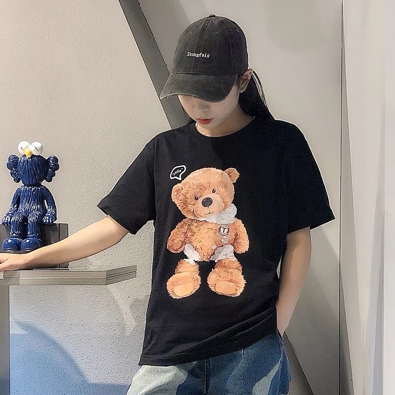 Áo phông thun cotton hình gấu nâu teddy dễ thương, áo gấu đôi nam nữ kiểu dáng rộng mùa hè, áo unisex đẹp
