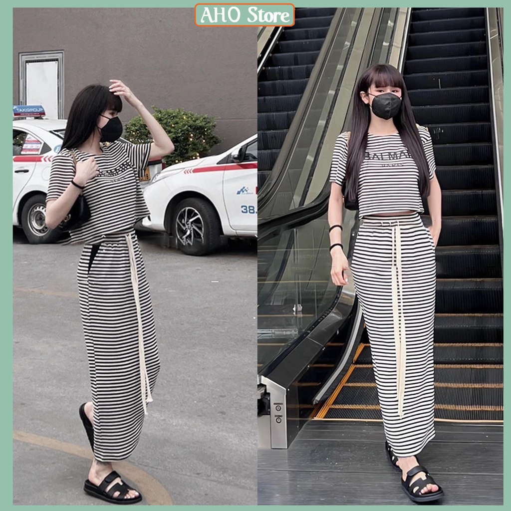 Bộ Váy Nữ Áo Croptop Kẻ Thụng BALMAIN Mix Chân Váy Dáng Dài Freesize