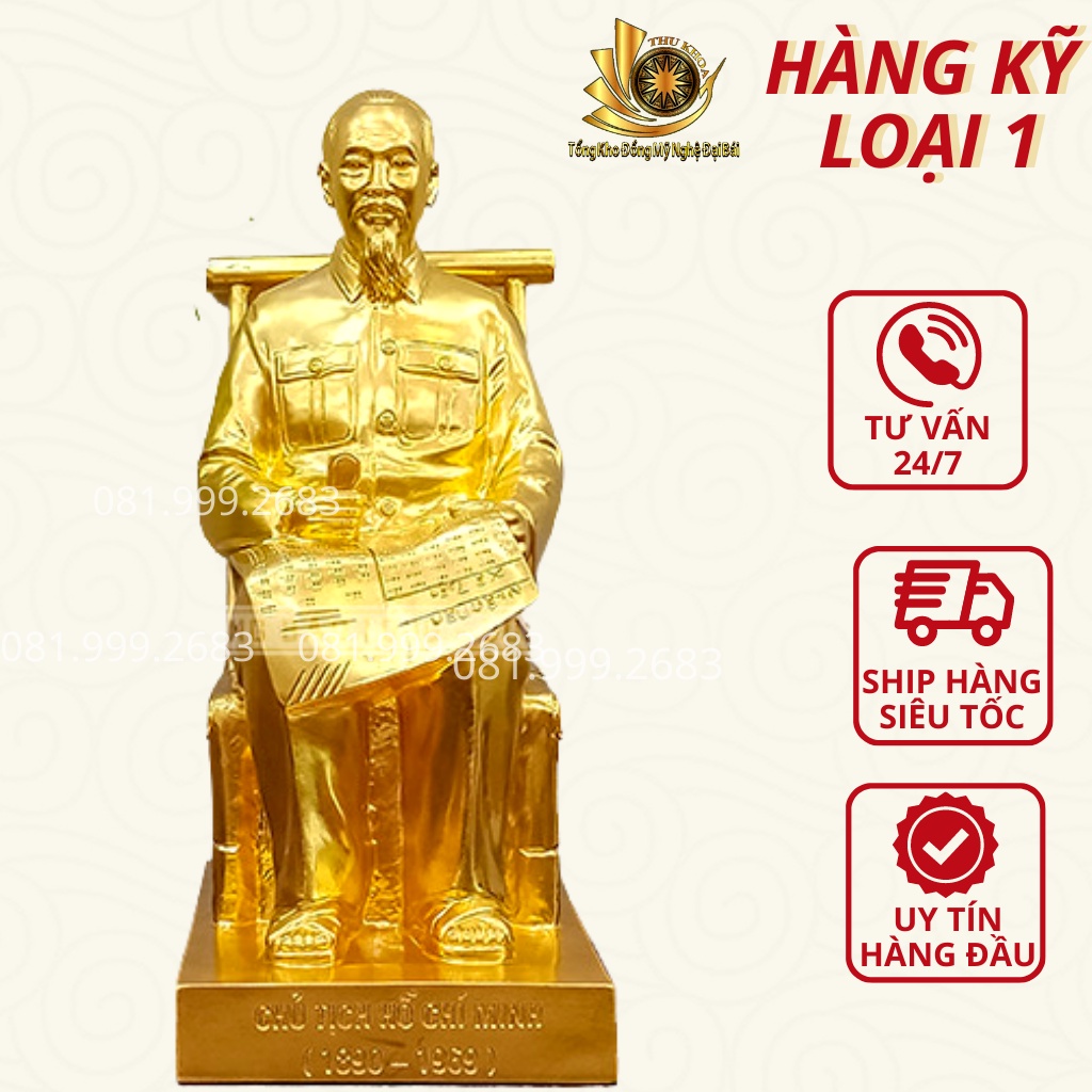 Tượng Bác Hồ Tượng Đồng Bác Ngồi Ghế Mây Đọc Báo Cao 50cm Dát V.àng 24K