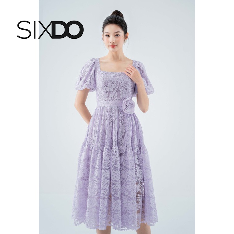 Đầm ren tím nhạt phối nơ eo thời trang SIXDO (Light Purple Midi Lace Dress)