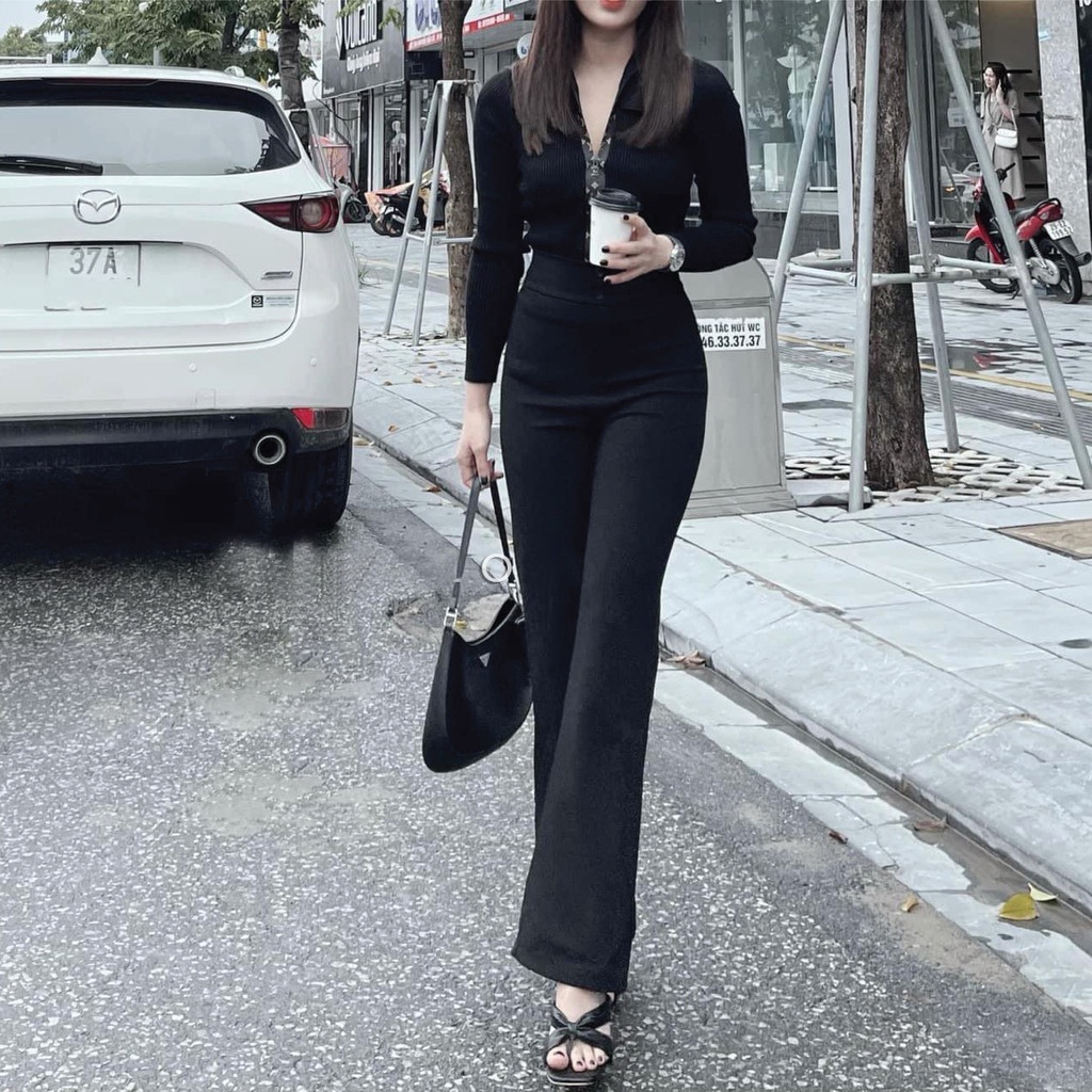 Quần loe dáng dài COTONFIO cạp cao bản to 2 cúc
