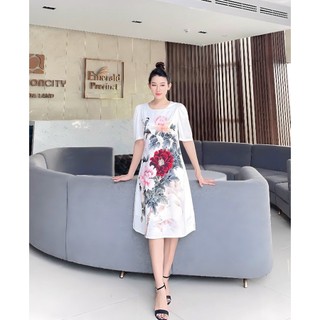 Đầm suông hoa mẫu đơn váy lụa form to tới 70 kg