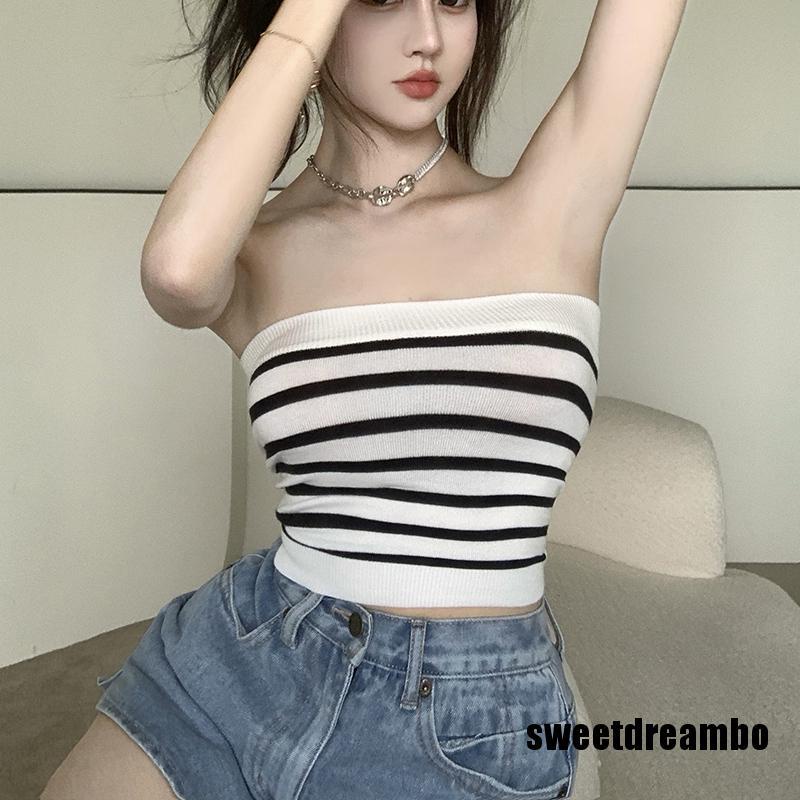 Áo Croptop Dệt Kim Dáng Ôm Hở Vai Họa Tiết Kẻ Sọc Thời Trang Mùa Hè Quyến Rũ Cho Nữ
