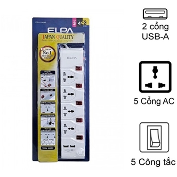 Ổ cắm điện ELPA ESU-VNI43 (4 ổ điện, 5 công tắc, 3m, 2 x USB)