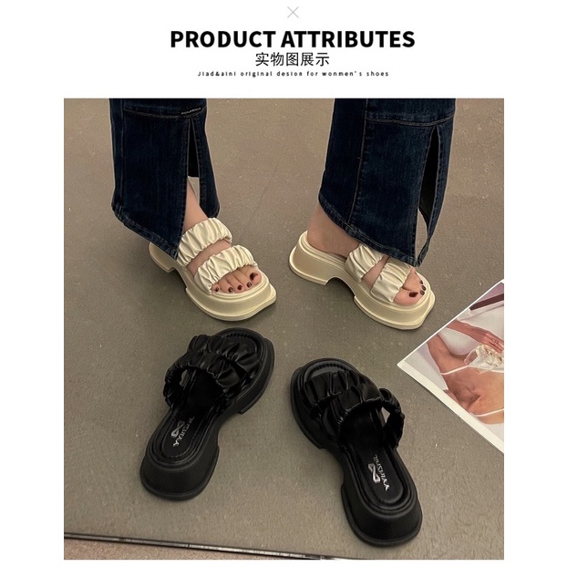 Dép nữ quai nhăn ulzzang đế cao 5cm mũi vuông