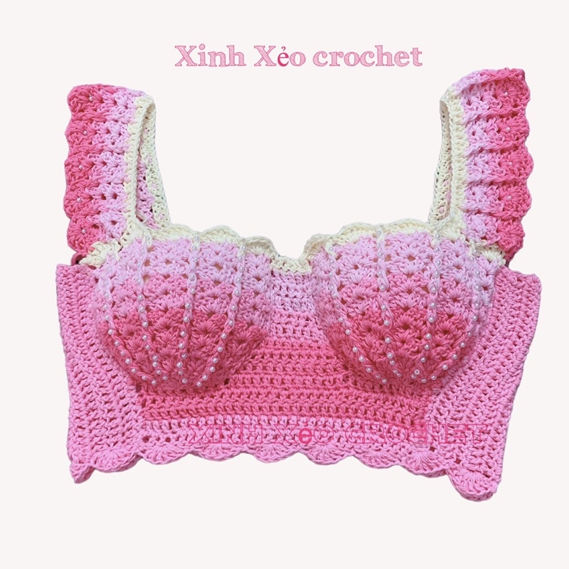 Cherry top Áo croptop sò tay cánh tiên len móc thủ công đan dây phía sau