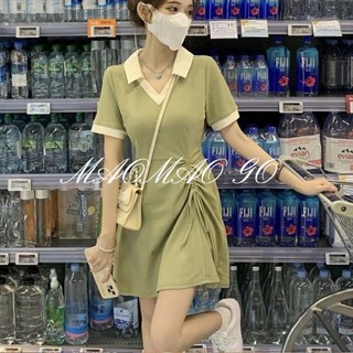  Đầm Thun Dáng Ôm Cổ polo Màu Xanh Lá Phối Dây Rút Thời Trang Thường Ngày Cho Nữ