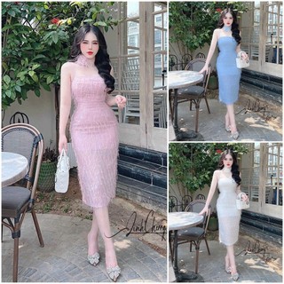 Đầm body 2s lông vũ cao cấp kèm hoa cổ