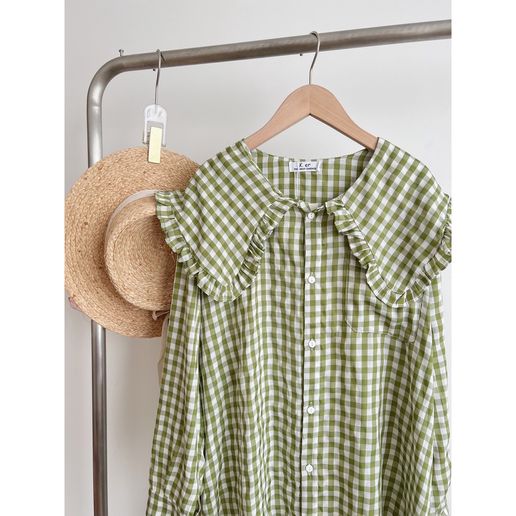 Đầm - Váy sơ mi caro cổ bèo sọc xanh dáng babydoll
