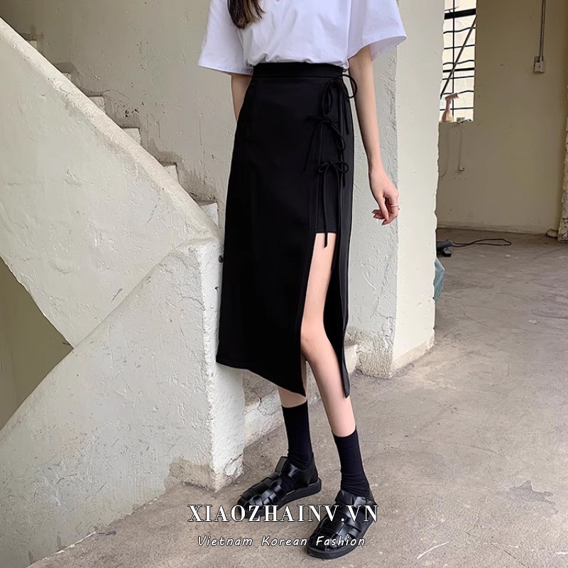 Xiaozhainv Chân Váy Đen Lưng Cao Thiết Kế Xẻ Tà Phong Cách Retro Hàn Quốc