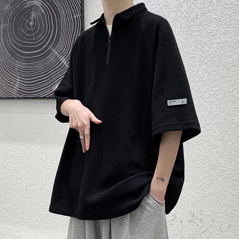 Áo polo unisex có phối logo cánh tay đơn giản, chất cotton mền và mát chất tổ ong
