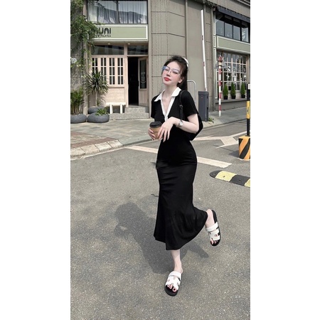 VAY MIDI SUÔNG PHỐI CỔ V CHO NỮ - 2 MÀU
