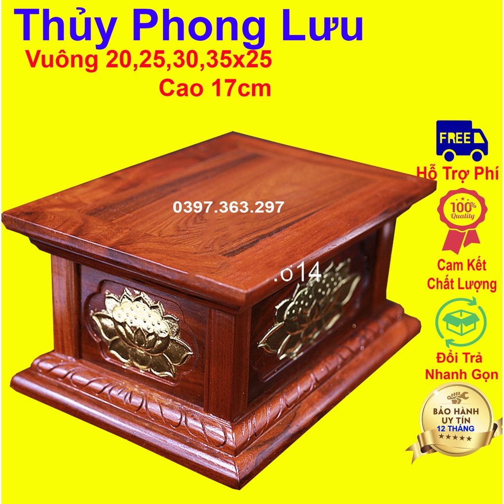 Đài vuông đôn đế trạm sen gỗ hương rát vàng cao 17cm mặt 20 25 30