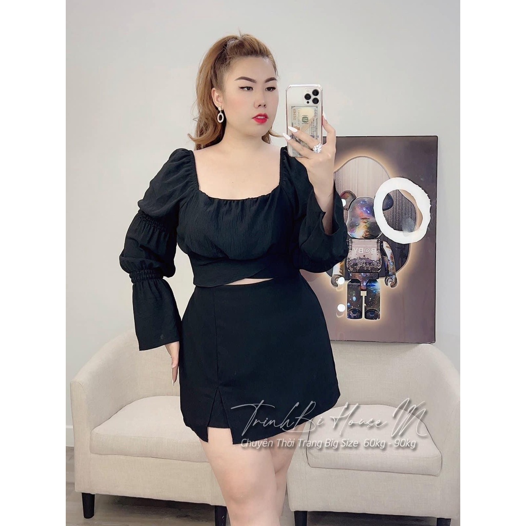 Sét Bộ Áo Croptop Cổ Vuông Tay Phòng Kèm Chân Váy Xẻ Đùi Dáng A Bigsize Quỳnh Anh Từ 50kg Đến 100kg (M/L/XL/XXL)