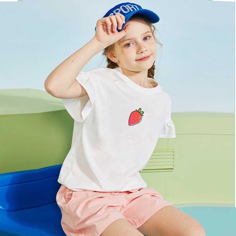 Áo phông áo thun cộc tay TANOSA tay bèo hoạ tiết quả dây tây cho bé gái size 13-33kg