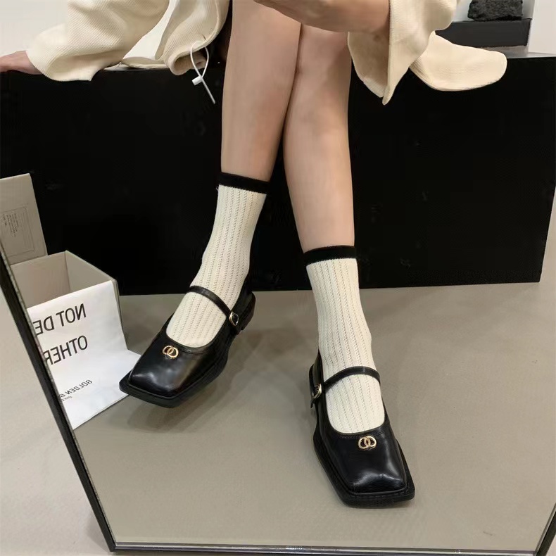 Giày Búp Bê Da Cao Cấp Mũi Vuông Miệng Nông Kiểu Retro Pháp Thời Trang 2023 Cho Nữ
