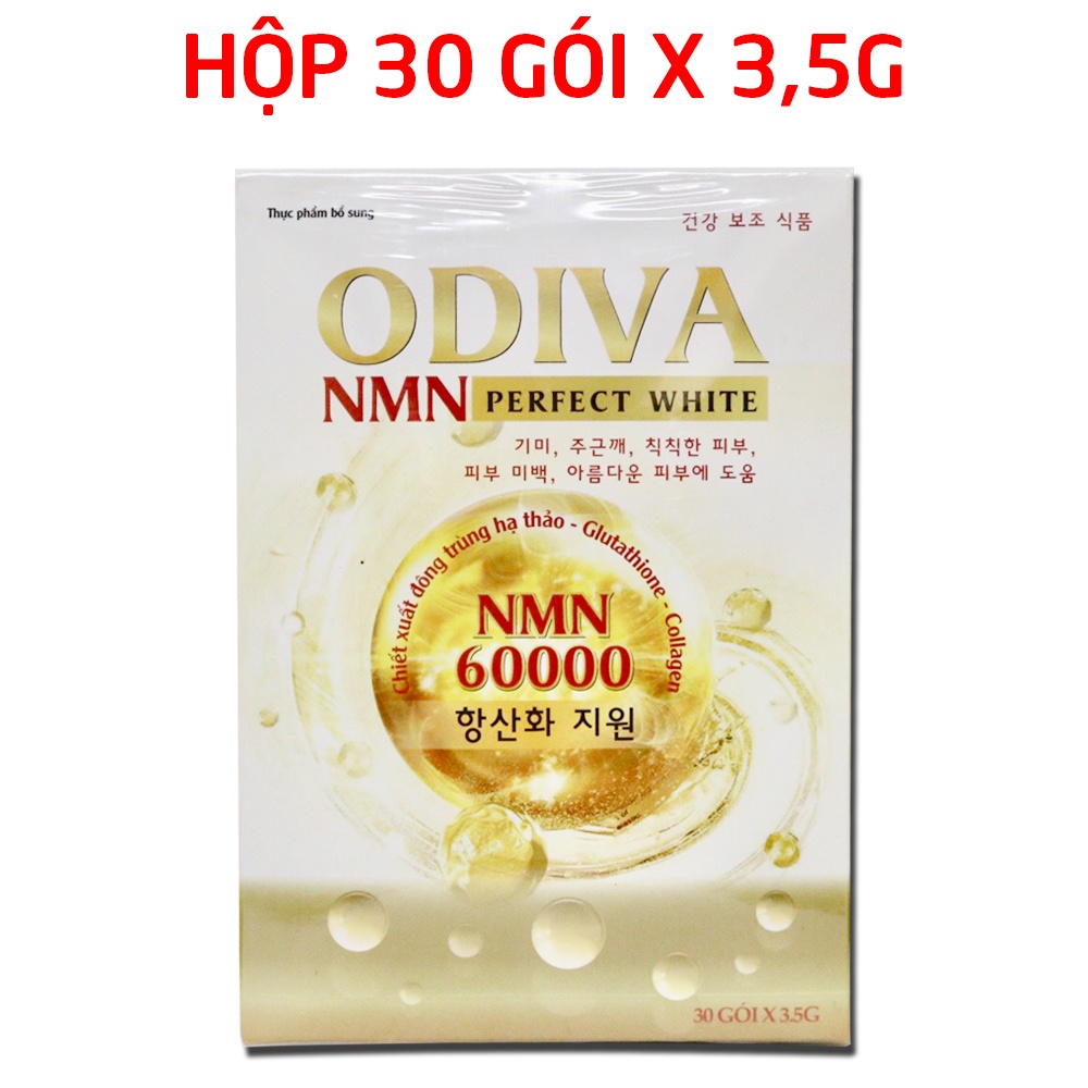 Cốm collagen ODIVA NMN perfect white giúp trắng sáng da, duy trì độ ẩm, tăng độ đàn hổi, giảm nám sạm da - Hộp 30 gói