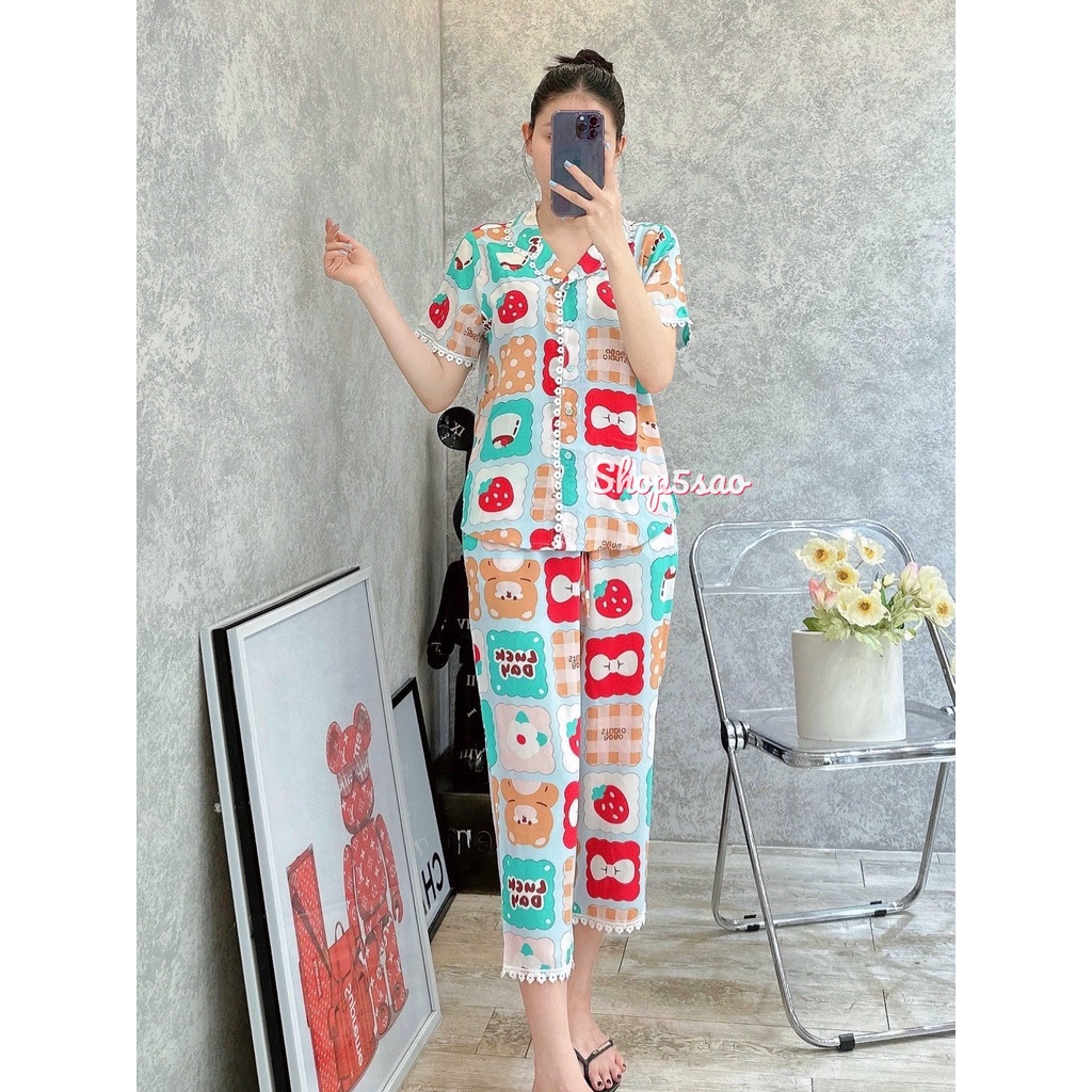 Đồ bộ tole lanh nữ mặc nhà Pijama, quần 8 tấc, áo phối ren F21 VNXK SHOP5SAO (43-75kg)