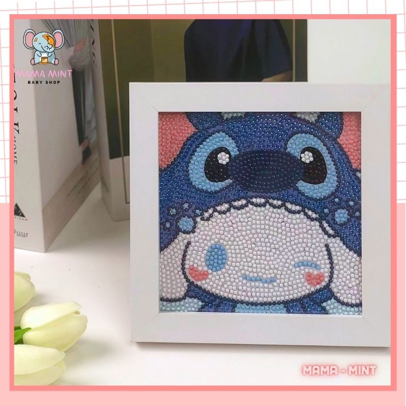 Tranh đính đá mini 5D DIY thỏ trắng đội nón cute, tranh đính đá cho bé tự làm có khung