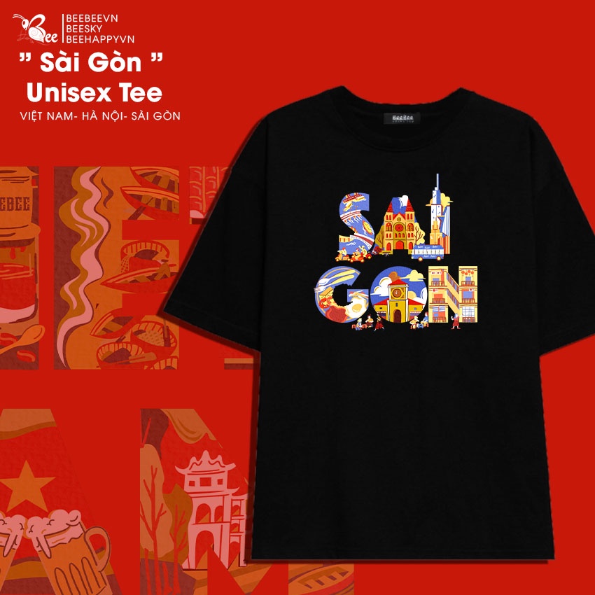 Áo Thun Unisex BEEBEE 100% Cotton in chữ SÀI GÒN nghê thuật-SGNT001