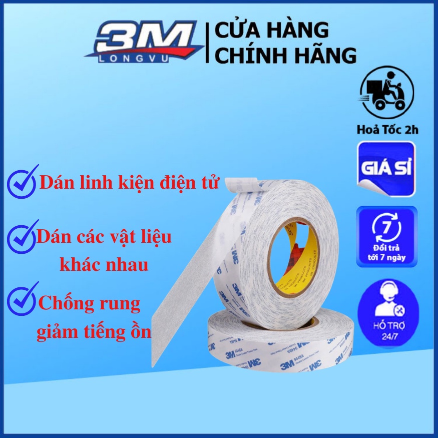 Băng Keo 2 Mặt Chịu Nhiệt Dán Linh Kiện Điện Tử 3M Khổ 08mm x 50m 9448A-08 - 3M Long Vu