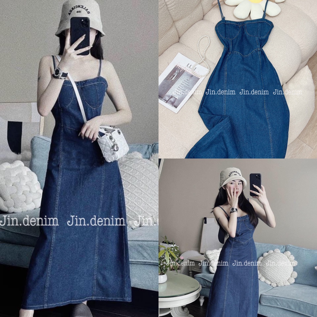 Váy jean bò 2 dây, đầm denim cúp ngực dáng dài xuông thiết kế dây điều chỉnh sexy body cao cấp 009