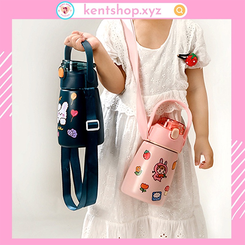 Bình giữ nhiệt Cute 1000ml Inox không gỉ 304 có dây quai đeo (Tặng kèm Tikker dán Cute)