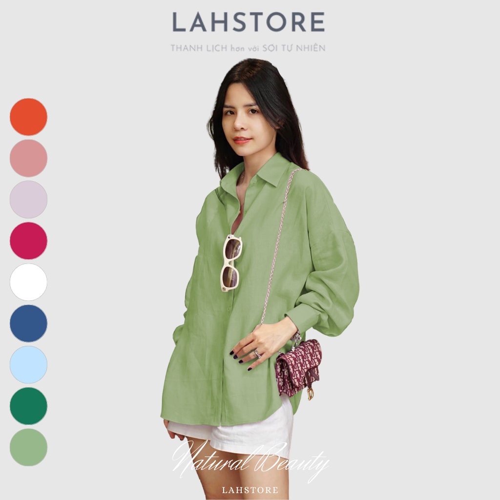 Áo sơ mi linen tay dài form rộng LAHSTORE trễ vai, đuôi tôm khoét sâu (Xanh Mint)