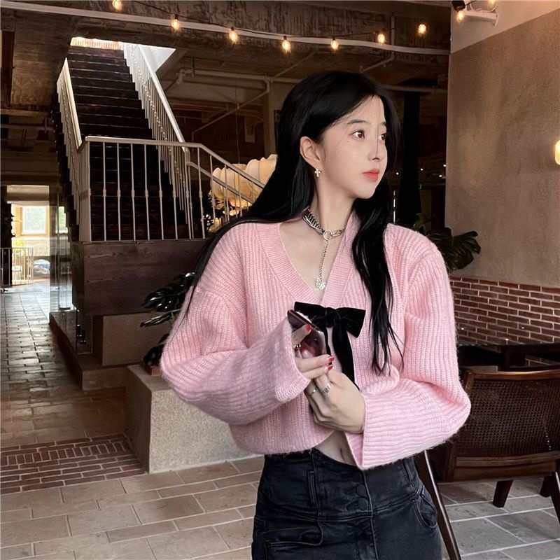 Áo Cardigan Dệt Kim Tay Dài Cổ Chữ V Thắt Nơ Eo Xinh Xắn