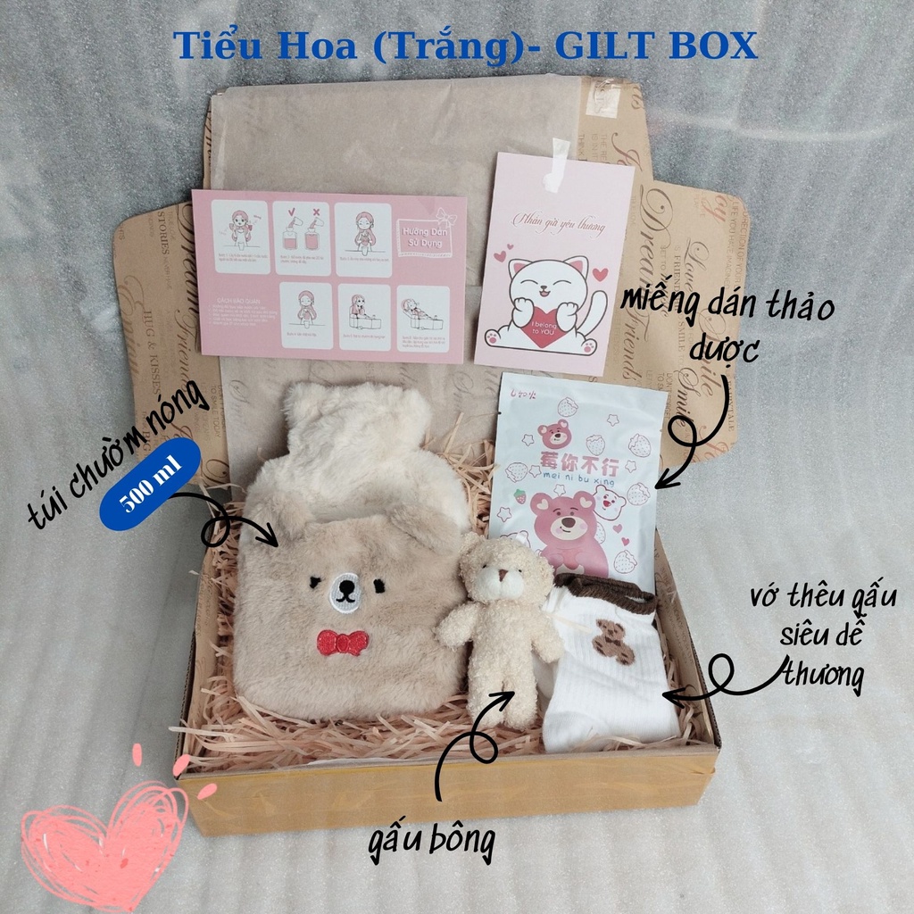 Box quà tặng bạn gái combo 5 món túi chườm nóng 500ml nhung mềm dễ thương