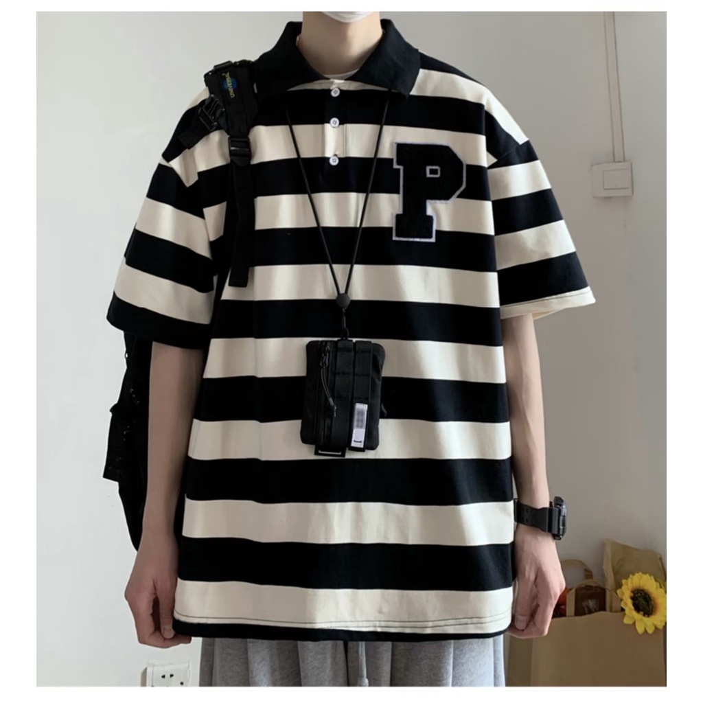 Áo polo Ngắn Tay Dáng Rộng Họa Tiết Kẻ Sọc Phong Cách Đường Phố Nhật Bản Thời Trang Mùa Hè Cho Nam
