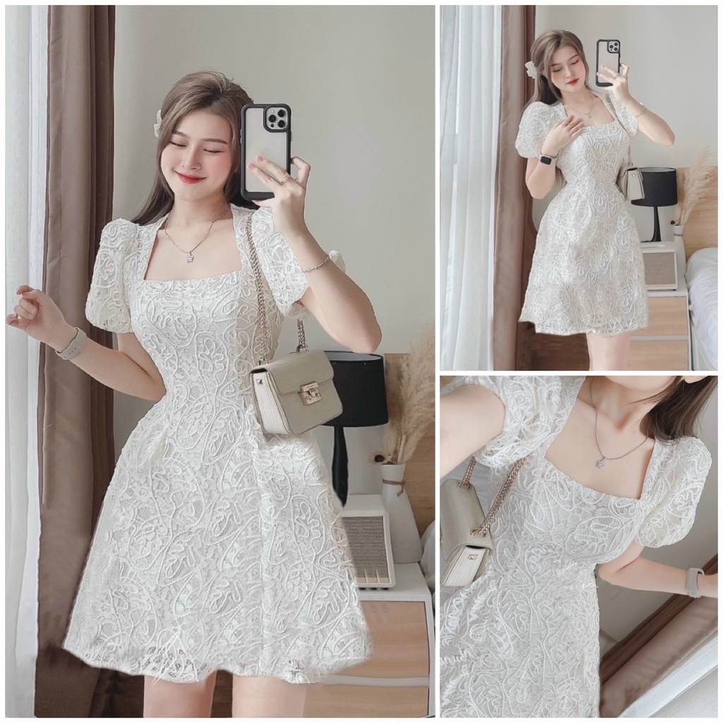 Đầm xòe dự tiệc ren tay bồng cổ vuông Q52