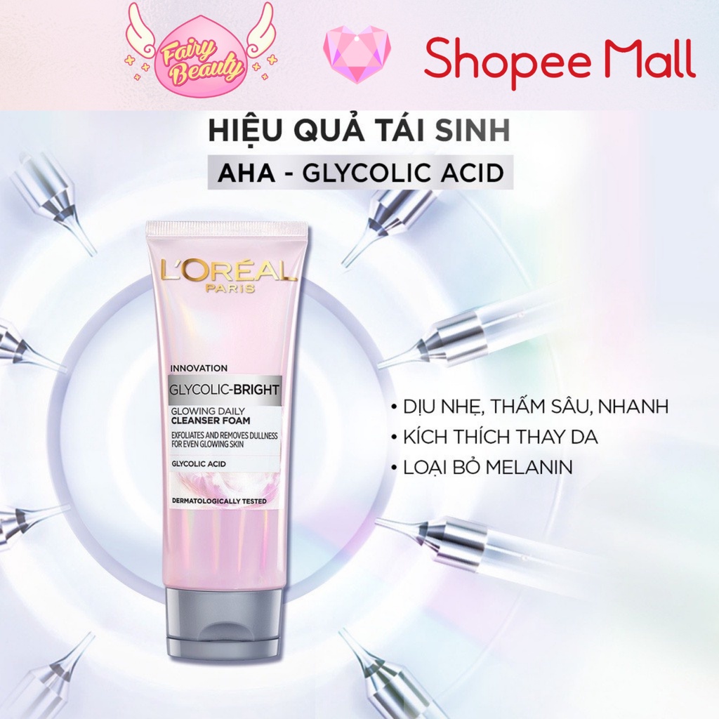 [L'OREAL PARIS] Sữa Rửa Mặt AHA - BHA Làm Sạch Sâu Giúp Sáng Da Và Mờ Thâm Nám Mềm Mịn Glycolic Bright 100ml