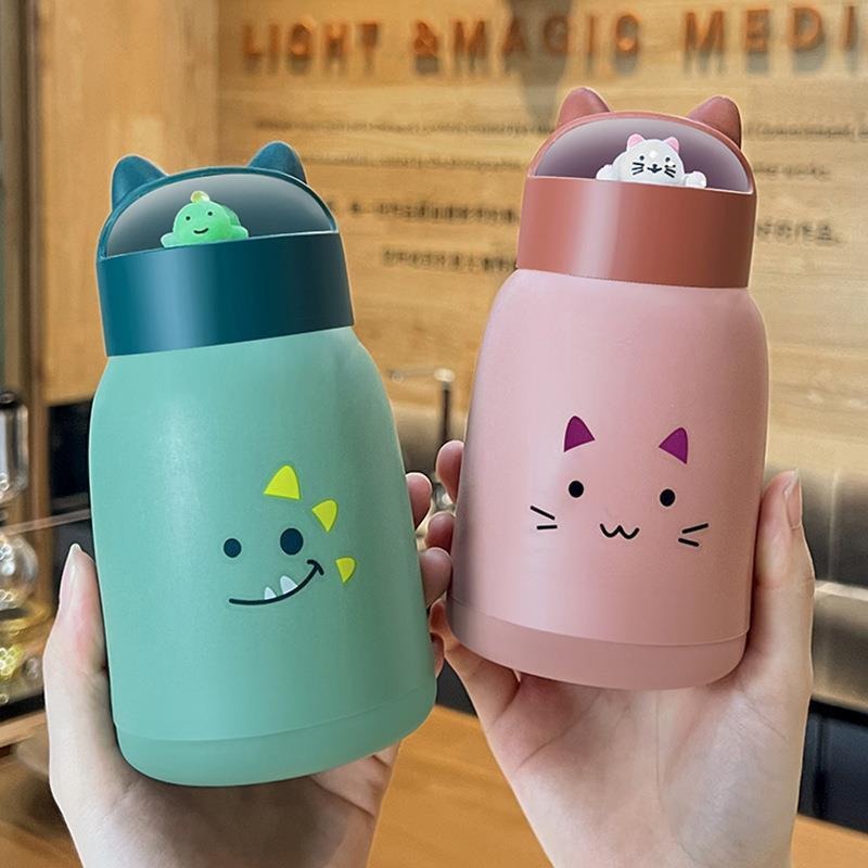 Bình nước tai mèo kute, bình giữ nhiệt thuỷ tinh bọc nhựa hoạt hình siêu xinh