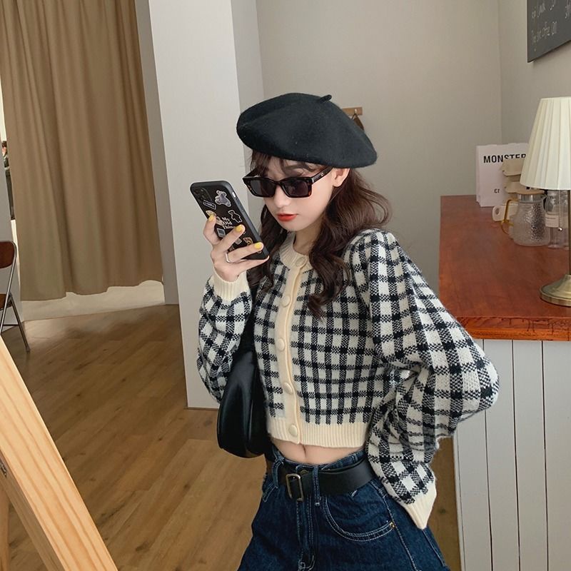 Áo len cardigan dáng ngắn caro viền trắng trẻ trung hot trend xuân thu
