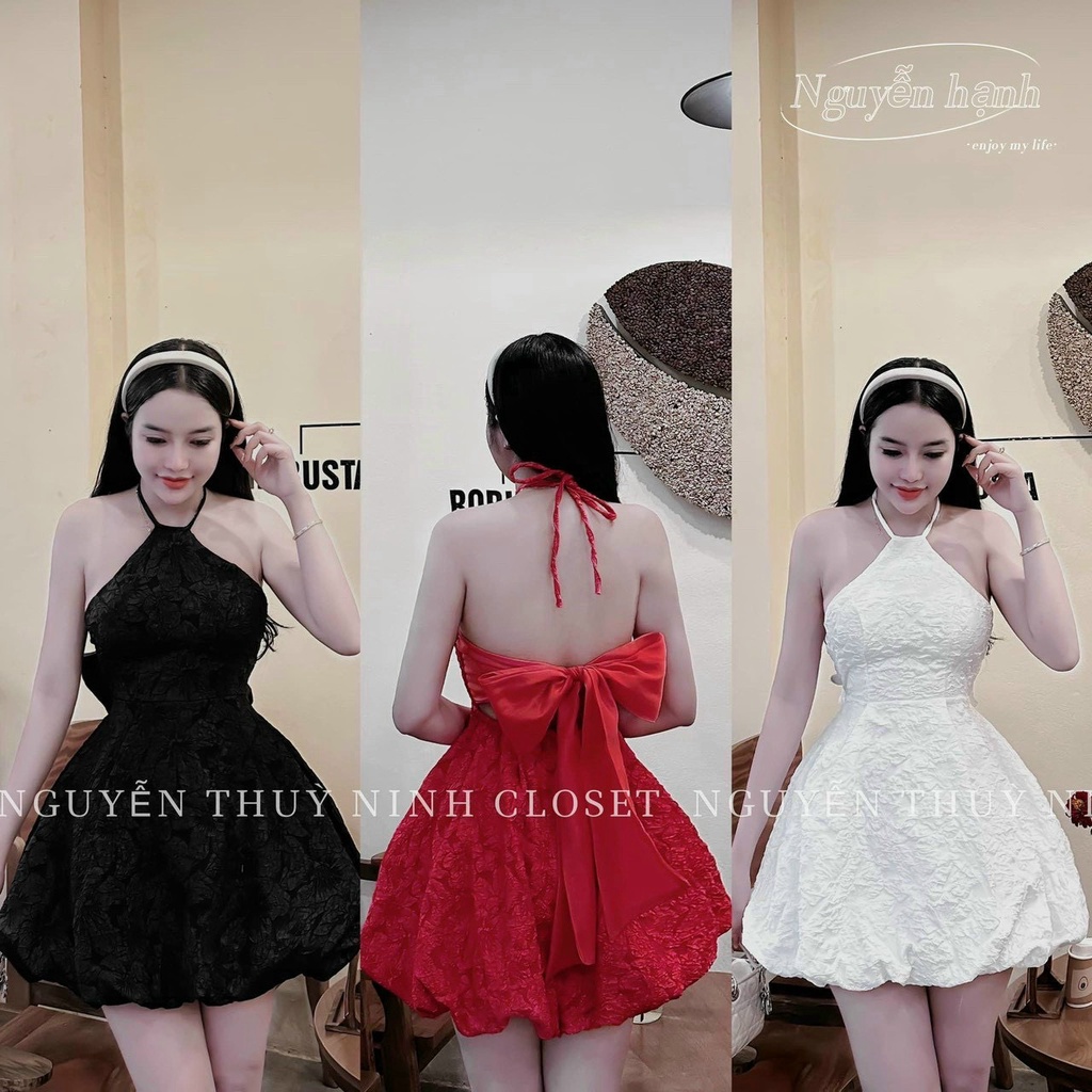Đầm yếm gấm hoa nổi hở lưng cột nơ quyến rũ, váy đi tiệc cổ yếm cột dây hàng cao cấp bán shop đẹp như hình