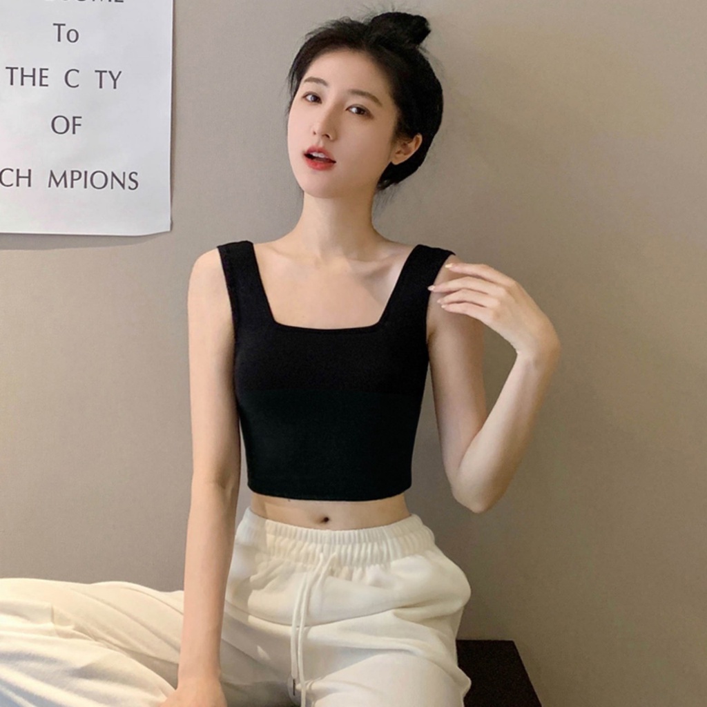 Áo thun croptop cổ vuông may 2 lớp vải cotton , 2 dây quai to dáng lửng ôm body