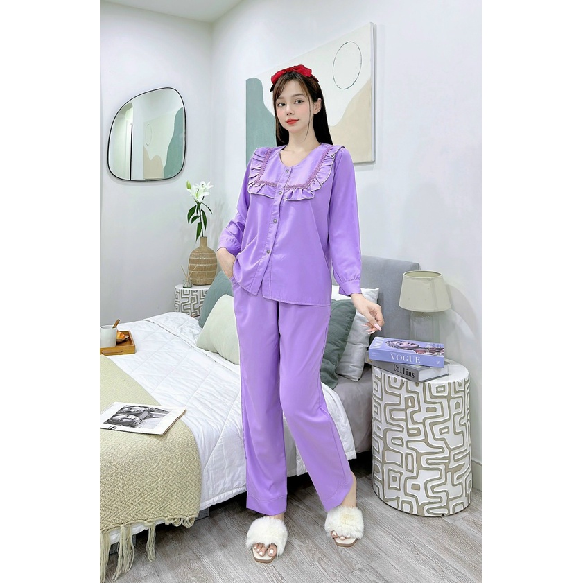 Bộ  bộ pijama cổ bèo tiểu thư, cột nơ họa tiết bò sữa