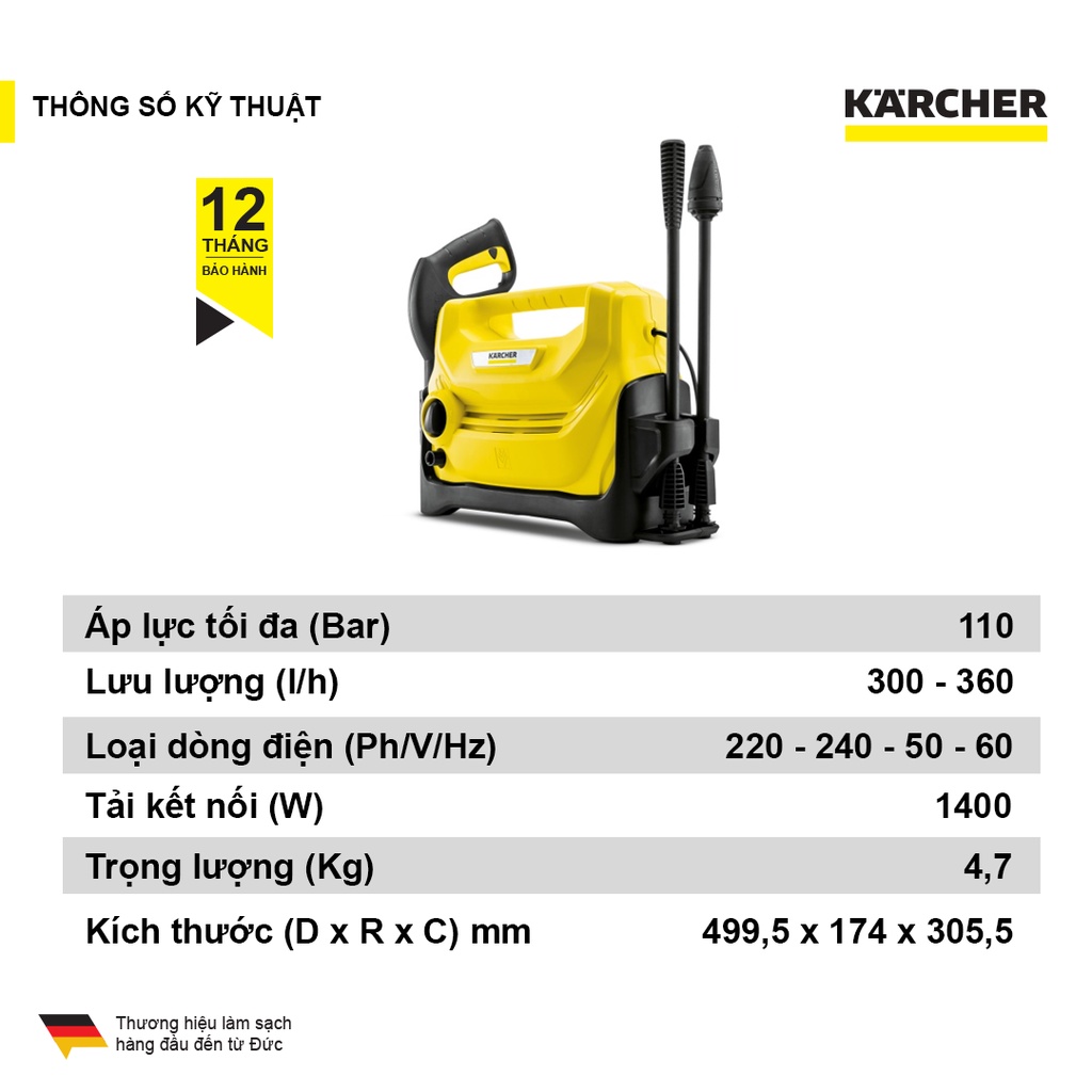 Máy phun rửa áp lực cao Karcher K2 Horizontal động cơ chổi than, áp lực 110 bar và đã bao gồm dây cấp nước