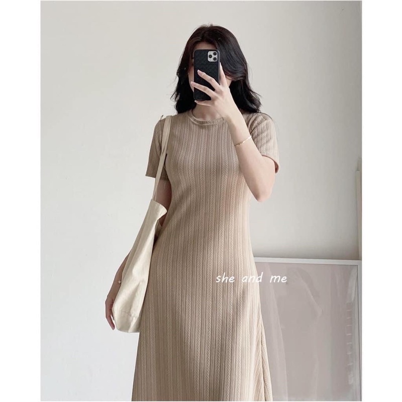 VÁY MIDI CỔ TRÒN HOẠ TIẾT XƯƠNG CÁ CO GIÃN 4 CHIỀU SIÊU XINH