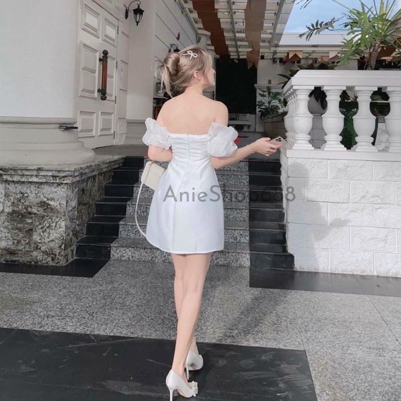 Đầm Nữ dự tiệc trễ vai sang trọng quý phái chất liêu vải umi phối voan ,Đầm ôm body tay bồng bèo ngực ,ANIESHOP688