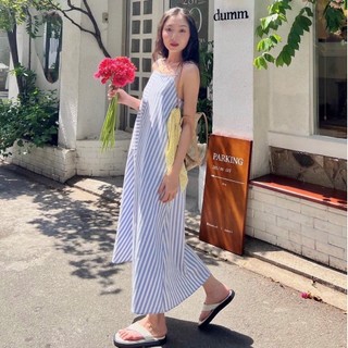 Đầm maxi nữ cổ yếm màu xanh kẻ sọc hở lưng vải cotton cao cấp Callene (L1845)