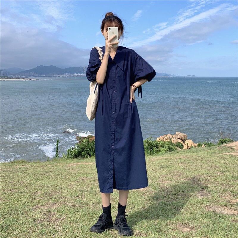 Đầm Sơ Mi Dài Dáng Rộng Tay Phồng Cỡ Lớn Thoải Mái Phong Cách Retro Hàn Quốc Cho Nữ