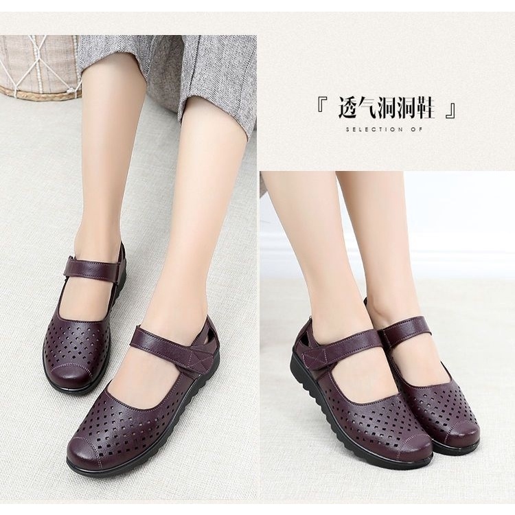 Giày Sandal Đế Mềm Bằng Da Thật Đục Lỗ Thoáng Khí Thời Trang Mùa Hè Dành Cho Nữ Trung Niên