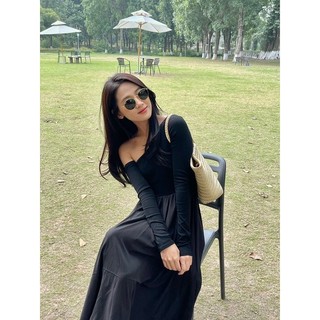 Váy lệch vai tiểu thư màu đen